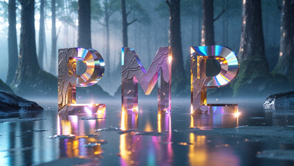 Crystal letters pmp reflecting in water surrounded by a moody forest background