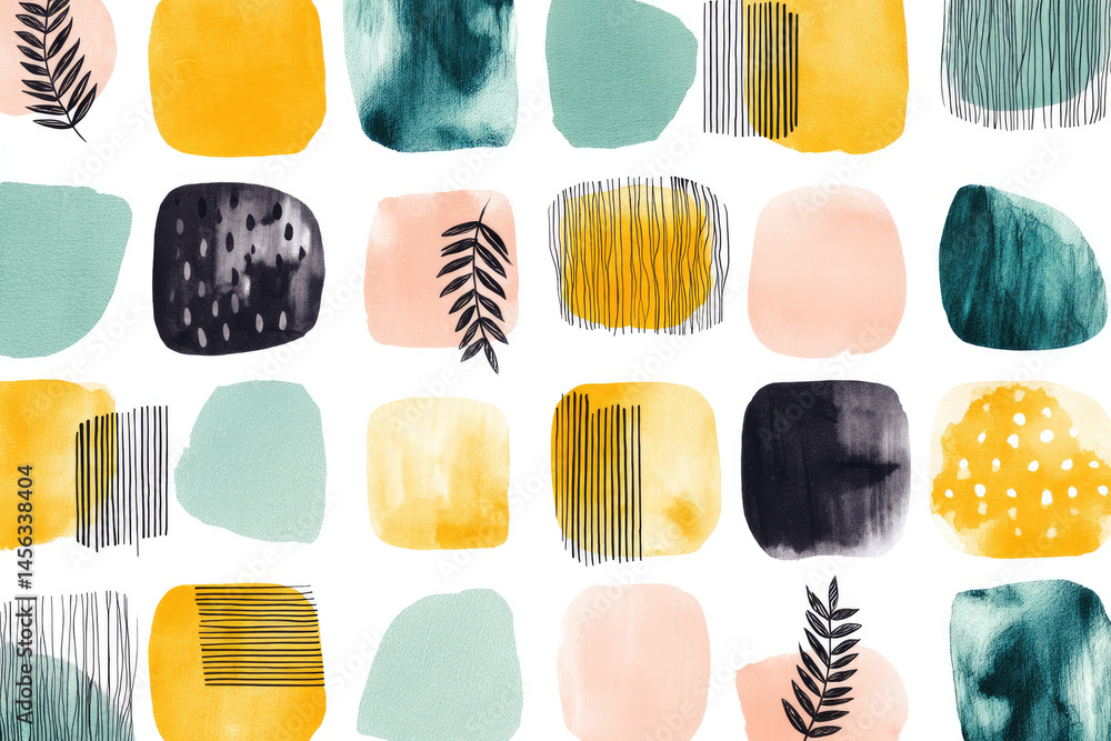 Poster abstract watercolor pattern with colorful geometric shapes and leaf motifs, featuring yellow, teal, 