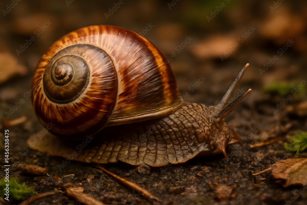 Poster close-up illustration of a snail with a patterned shell crawling on damp earth