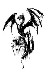 Winged Dragon Soaring Above Castle, coloring book style, vector illustration art