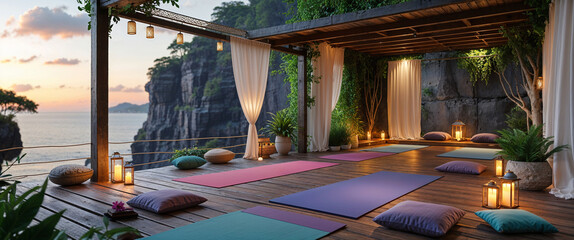 Scenic outdoor yoga studio with sunset view overlooking mountains and ocean water