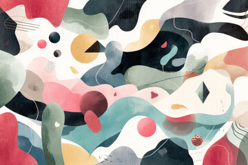 Abstract watercolor painting with flowing shapes and vibrant colors creates dynamic and artistic composition. design features mix of curves, circles, and organic forms