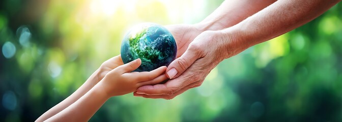 Protecting Our Planet Hands holding Earth symbol sustainable future green environment child adult