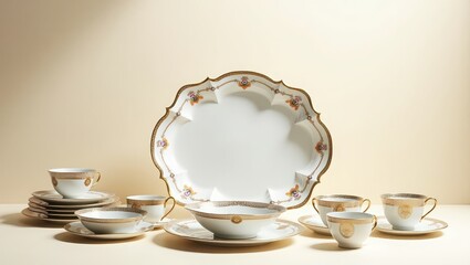 Elegant porcelain dinnerware set with gold trim and floral accents arranged on a light surface