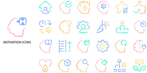 Motivation simple concept 24 hand drawn color icons set. Contains such management, strategic, planning .Vector illustration.
