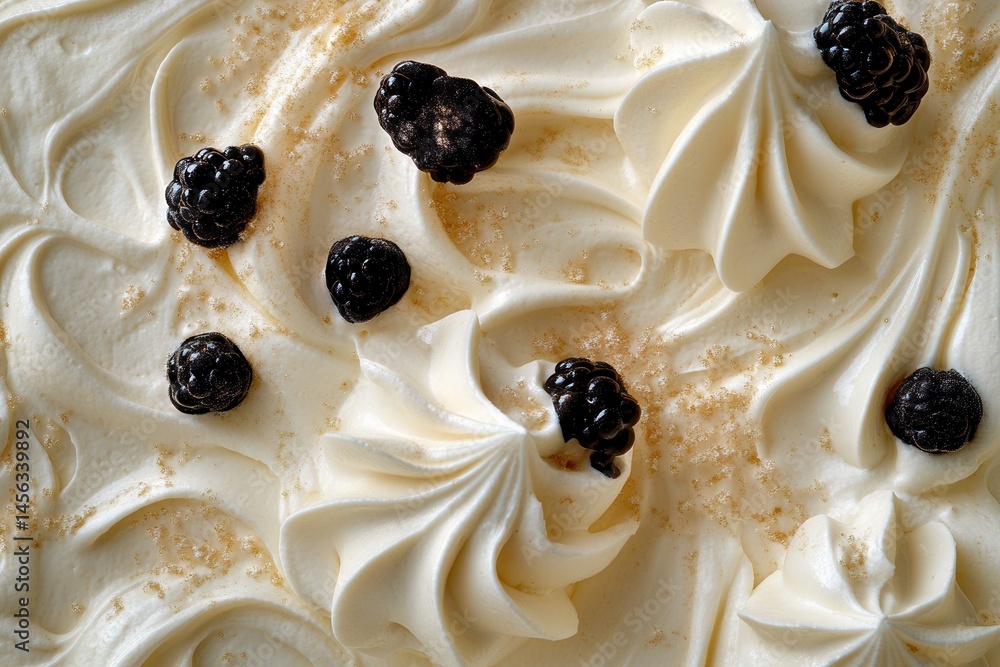 Poster a tantalizing close-up of whipped cream frosting, adorned with fresh blackberries and a sprinkle of 