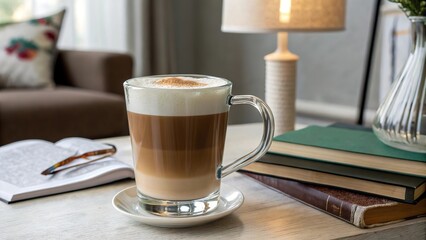 A frothy cappuccino in a clear glass mug on a coffee table.