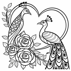 Fototapeta premium Two Peacocks Flowers and Heart Coloring Page Hand Drawing 