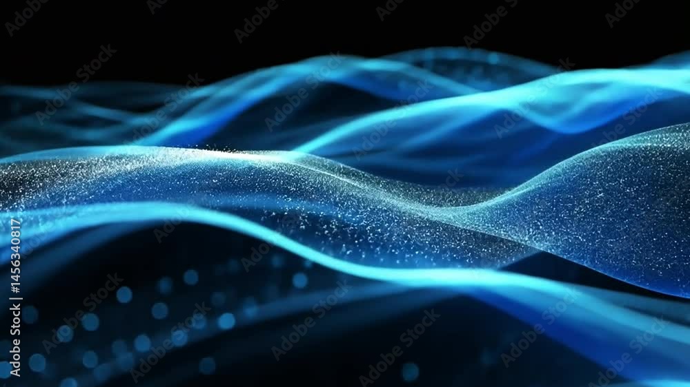 Poster mesmerizing abstract blue waves showcase fluid motion and light, with shimmering particles enhancing
