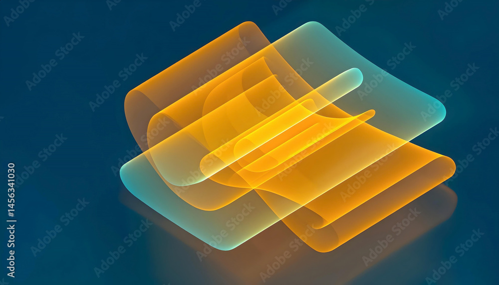 Poster Overlapping abstract shapes in vibrant orange and cool teal create a dynamic, layered design with a subtle glow against a deep blue backdrop