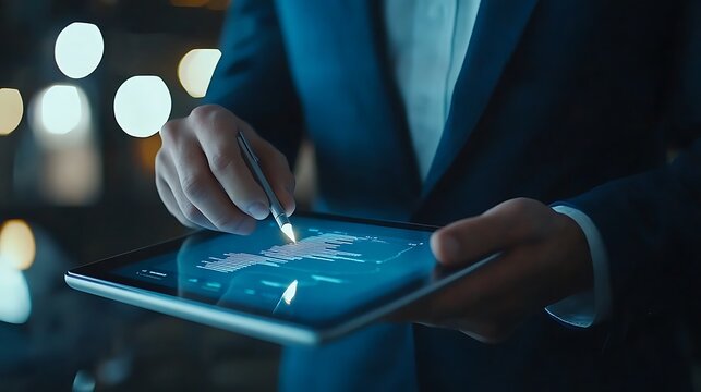 Businessman Analyzing Financial Data on Tablet