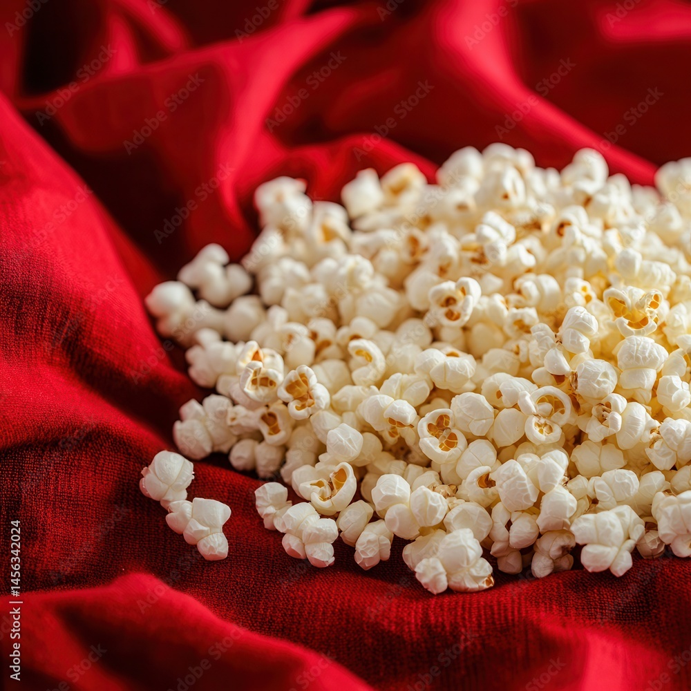 Aufkleber a pile of fluffy popcorn rests on a vibrant red fabric, creating a visually appealing contrast betwe