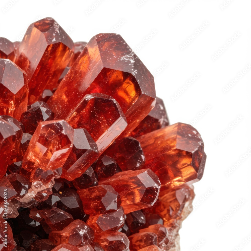 Poster a close up of a cluster of reddish orange crystals with sharp edges on a white background surface