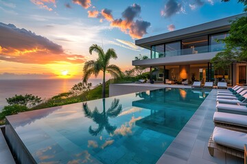 A luxurious outdoor pool area with a modern infinity pool, comfortable lounge chairs, tall palms, and a breathtaking view of the ocean at sunset, 