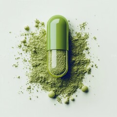 Green Capsule with Powder: A vibrant, top-down view of a green capsule surrounded by matching powder and small spheres on a white backdrop.