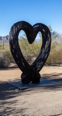 Fototapeta premium A large, dark heart-shaped sculpture, formed by intertwined, twisted strands, stands on a paved platform amidst desert landscape The open heart shape frames a backdrop of mountains and desert plants