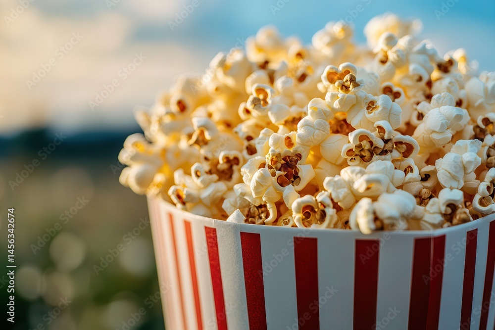 Poster Close-up of a red and white striped container overflowing with popcorn against a blurred outdoor background, creating a nostalgic atmosphere.