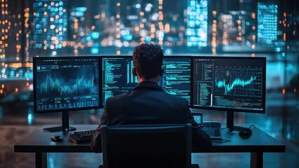 Rear view of a person analyzing data graphs on a computer while participating in a video conference with an AI-powered robot, showcasing artificial intelligence in business technology - Powered by Adobe