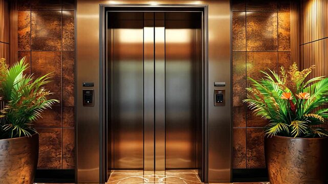 Luxurious hotel elevator interior with copper accents.