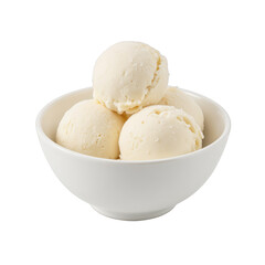 Fototapeta premium Delicious vanilla ice cream scoops in a white bowl, perfect for summer treats or dessert menus, inviting and creamy texture. Isolated on white background or PNG