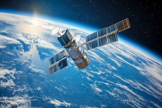 Satellite orbiting Earth solar panels deployed sun shining on clouds and ocean