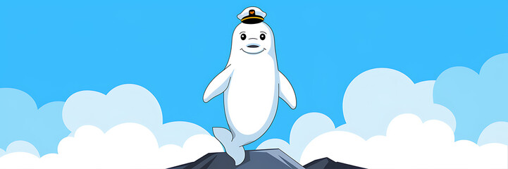 Fototapeta premium Cute Beluga Whale Captain Cartoon