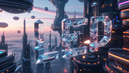 Futuristic cityscape depicting led in crystalline letters with a modern aesthetic perspective