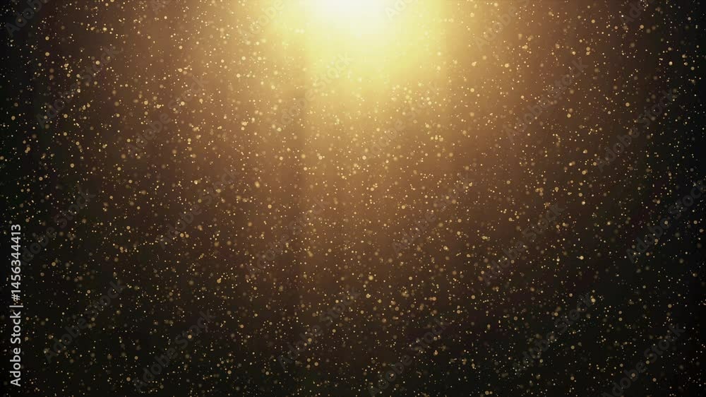 Poster loopable animation of golden light rays with floating glittering dust particles - magical glittering