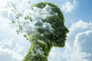 Leafy head silhouette dissolving into clouds a nature concept