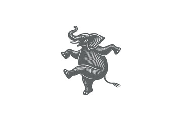 dancing elephant naive engraving style. logo, emblem, icon