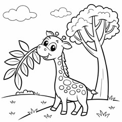 Naklejka premium Cute Giraffe Eating Leaves Coloring Page Hand Drawing 