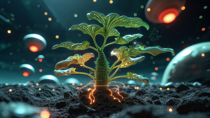 Futuristic depiction of a unique plant life form with otherworldly elements and atmospheric lighting.
