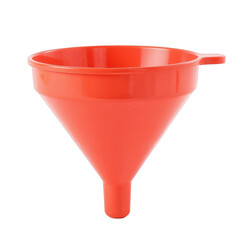 Bright red funnel on white background, essential kitchen tool for easy pouring, perfect for recipes and organization. Isolated on white background or PNG