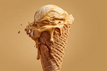 A tempting ice cream cone with melting caramel, a perfect sweet treat on a simple background.