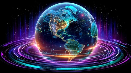 Obraz premium Futuristic digital globe with glowing network connections and data rings representing global communication and technology