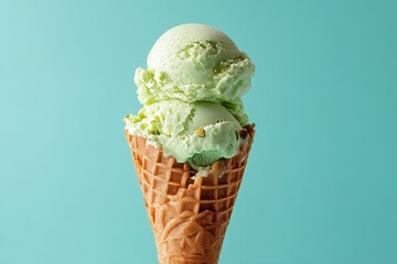 A double scoop of pistachio ice cream in a waffle cone, perfect for a refreshing treat.