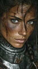 Obraz premium Fierce female warrior with dirt-smeared face in medieval armor close-up shot.