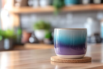 Fototapeta premium Blurred kitchen countertop view with a decorative ceramic mug.