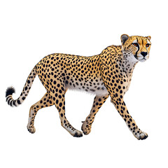 A majestic cheetah gracefully walking with confidence. The cheetah's fur is a beautiful tan color, and its coat is adorned with black spots