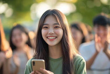 Women express joy and confidence in vibrant cityscapes, surrounded by energy, people, and digital life. Optimistic pulse of urban youth and their social connection.