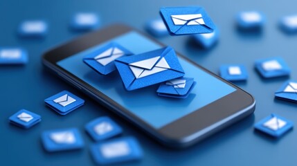 A smartphone displays floating blue email icons, creating a dynamic representation of digital communication, This image is ideal for illustrating themes of messaging, technology