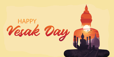 Vesak day  illustration featuring a serene Buddha silhouette, sunset hues, and temple imagery