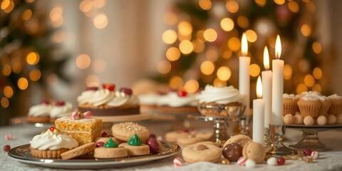 Naklejka premium Festive Christmas Treats Delicious Cakes Cookies and Candles