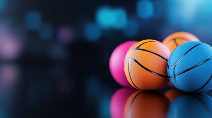 Abstract sports display with colored basketballs on glossy black, rich lighting effects and reflection