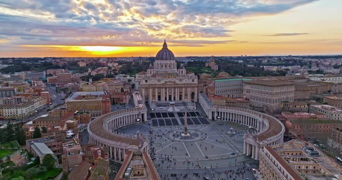 Aerial shot of the Vatican city state in Rome, Italy. Drone view of Saint Peter Basilica in Vatican State. Rome, Italy. A tourist attraction for all religious people