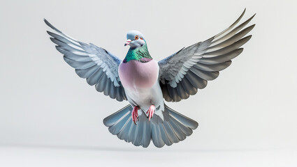 Obraz premium Dove with Spread Wings in Flight on White Background Peace Bird PNG for Spiritual & Nature Design