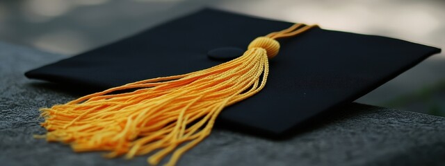 Graduation cap with gold tassel resting on a surface
