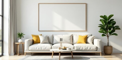 Minimalist living room, large empty frame above sofa, empty, minimalist