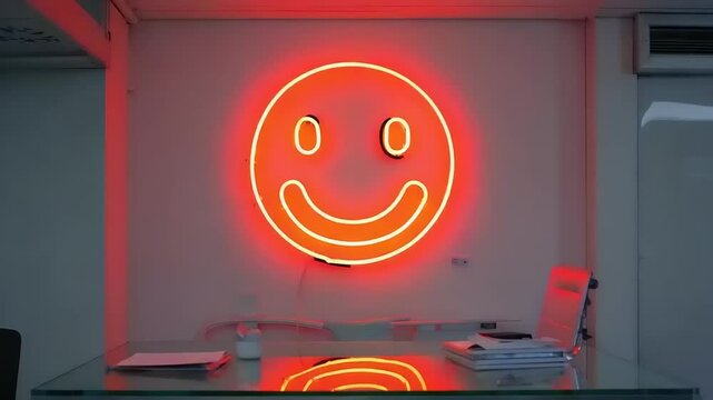 Bright yellow neon smiley face on wall.
