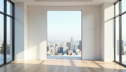 Fototapeta premium Modern office entrance, white walls, wood floor, city view, canvas mockups, building, commercial, decor